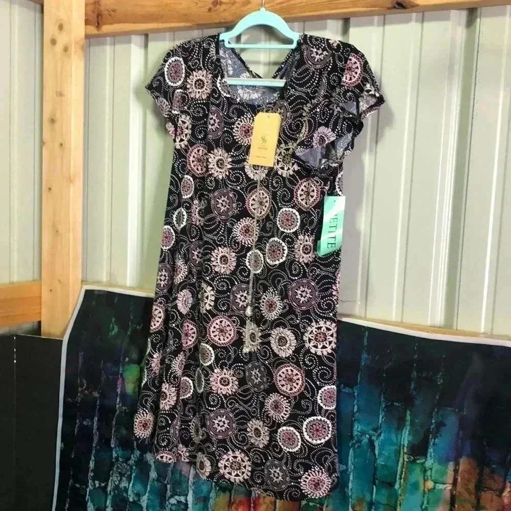 SJS petite dress size large navy with white and shades of mauve